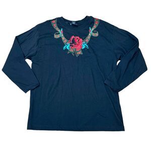 Vintage 80s Carole Little Sweatshirt Sz L Rose Embroidered Plaid Artsy Holiday